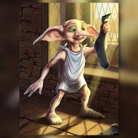 Dobby libéré tenant une chaussette en diamond painting strass brillants