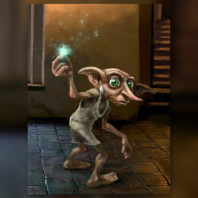 Dobby holding magical glowing sphere in shiny rhinestone diamond painting art