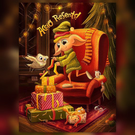 Dobby elf on red armchair with gold gifts shiny diamond painting rhinestones