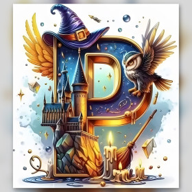 Magischer Buchstabe P Hogwarts Diamond Painting funkelnde Strass Schloss Eule