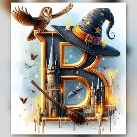 Lettera magica B Hogwarts diamond painting strass brillanti gufo cappello