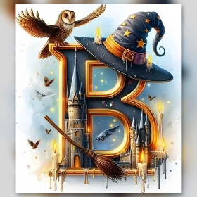 Magical letter B Hogwarts diamond painting shiny rhinestones owl hat