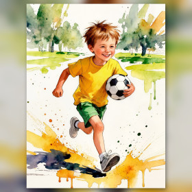 Junge mit Fußball im Aquarellstil