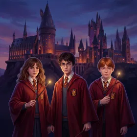 Harry, Hermelien en Ron bij Kasteel Zweinstein