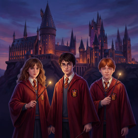 Harry, Hermione e Ron davanti a Hogwarts