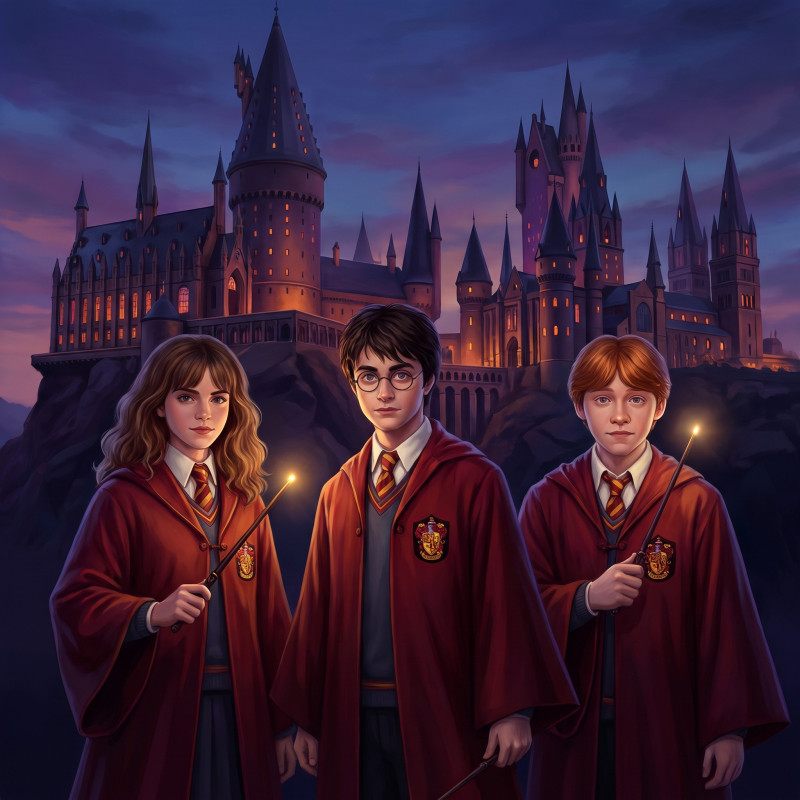 Harry Potter, Hermine Granger und Ron Weasley vor Hogwarts
