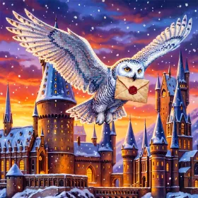 Edvige in volo su Hogwarts al tramonto
