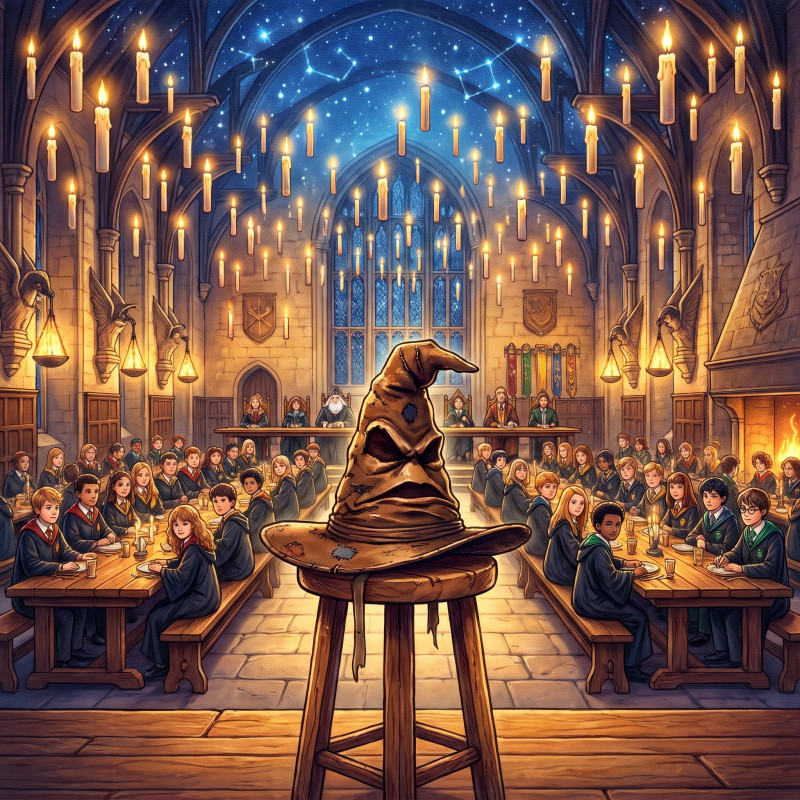 De Sorteerhoed in de Grote Zaal van Zweinstein