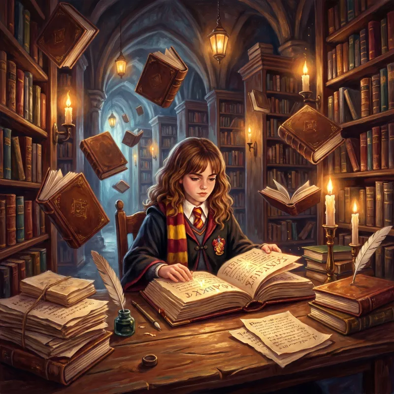 Hermione Granger Reading in the Hogwarts Library