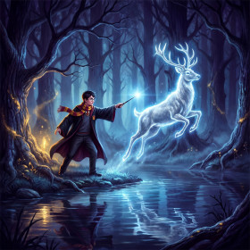 Harry Potter invoquant son Patronus cerf dans la Forêt interdite