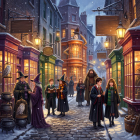 Diagon Alley Snow Scene with Harry Hermione and Hagrid