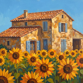 Mas provençal et tournesols sous le ciel d'été