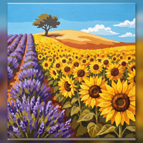 Lavender and Sunflower Fields with Lone Hilltop Tree