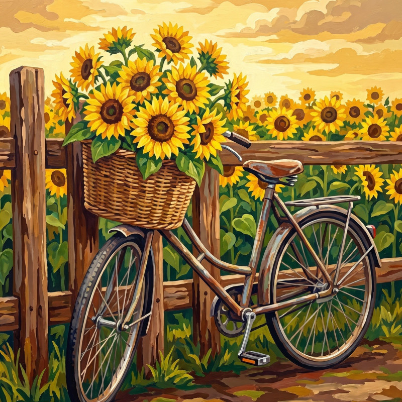 Altes Fahrrad mit Sonnenblumen am Holzzaun