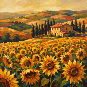 Campo di girasoli tra colline toscane e casale