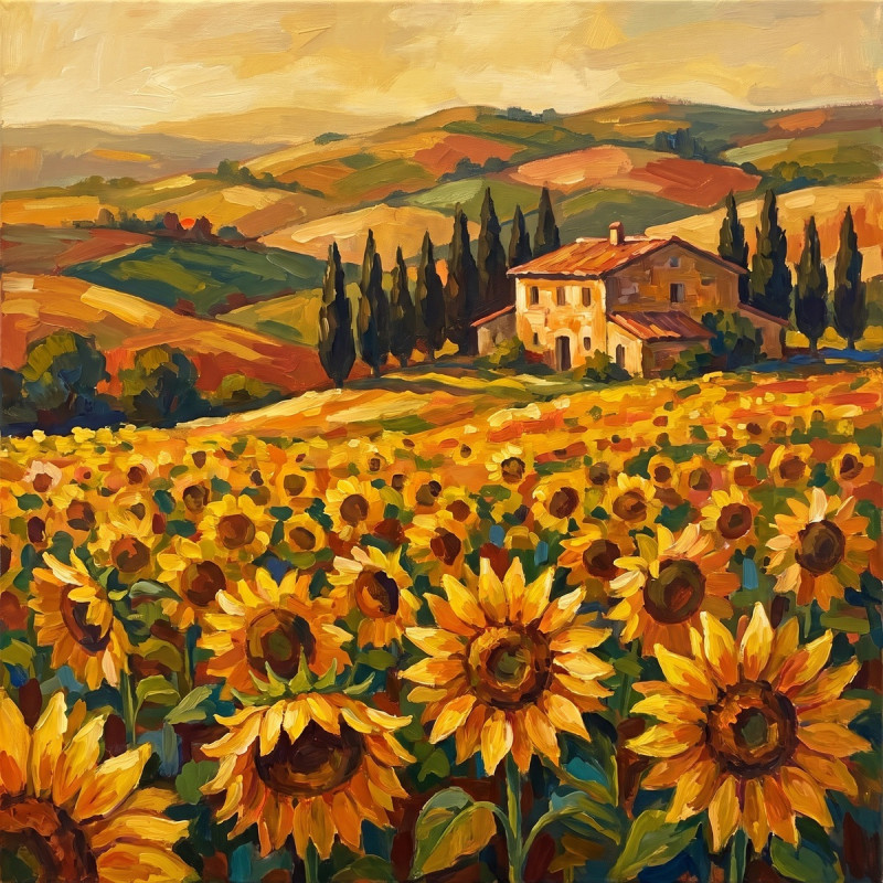 Toskanisches Sonnenblumenfeld mit Bauernhaus und Zypressen