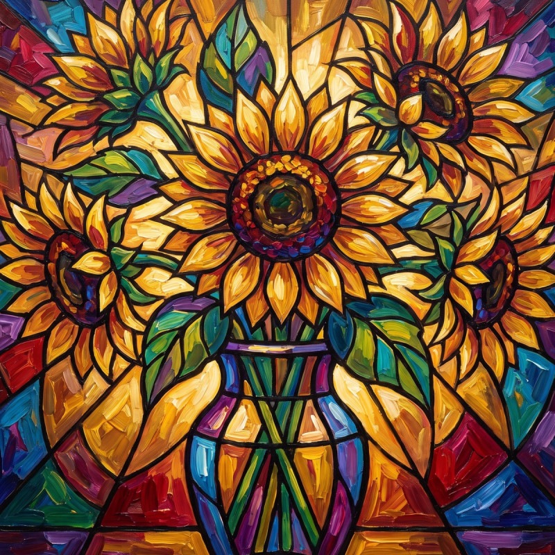 Bouquet de tournesols style vitrail aux couleurs éclatantes
