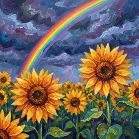 Zonnebloemen Onder Regenboog Na De Storm