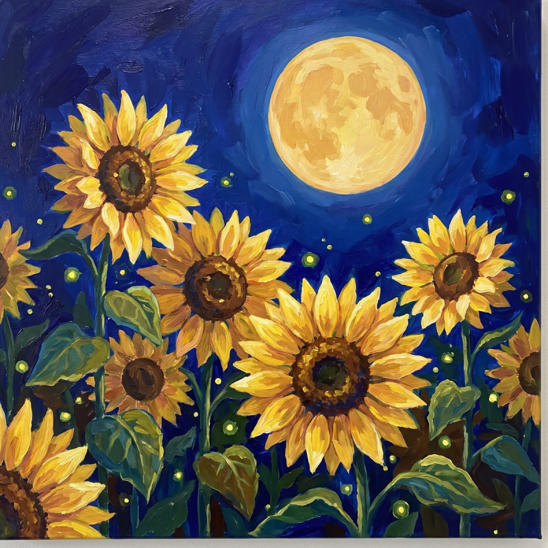 Tournesols sous la pleine lune et lucioles