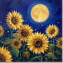 Sunflowers Under A Full Moon With Fireflies
