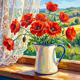 Bouquet di papaveri rossi in brocca smaltata