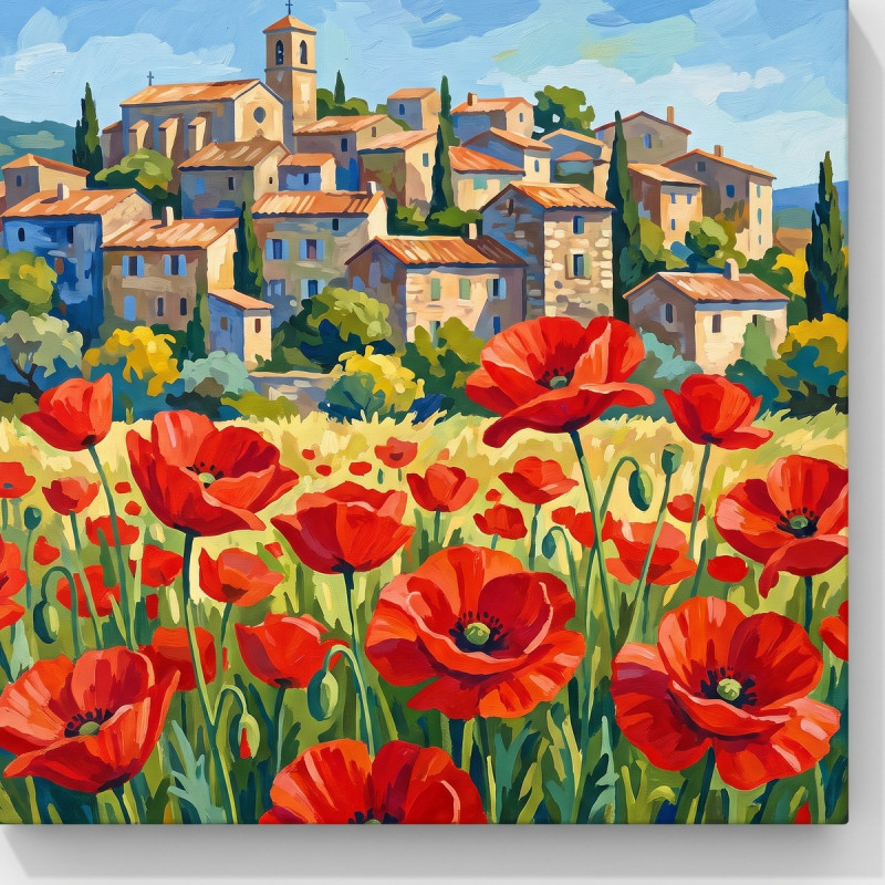Village provençal et champ de coquelicots rouges
