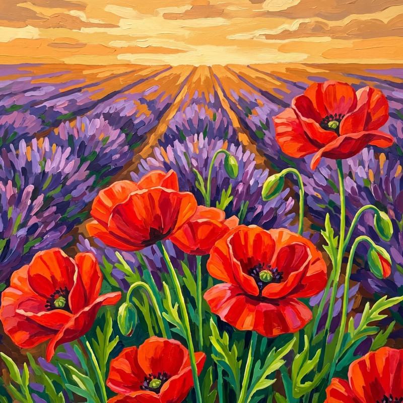 Red Poppies In Purple Lavender At Golden Hour