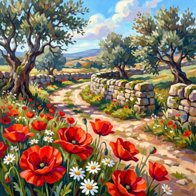 Winding Country Path Through Red Poppies and White Daisies