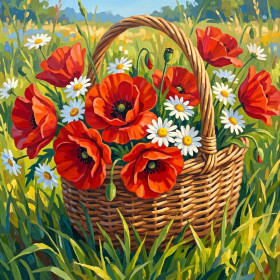 Panier en osier de coquelicots et marguerites