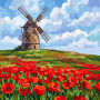 Moulin en pierre et champ de coquelicots