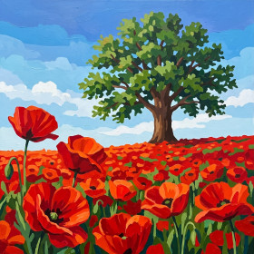 Chêne solitaire dans un champ de coquelicots rouges
