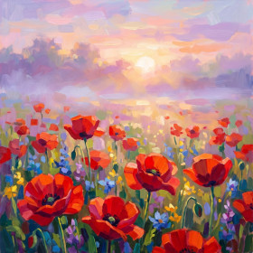 Champ de coquelicots dans la brume matinale