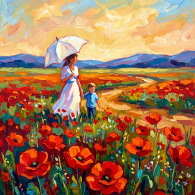 Promenade au parasol dans un champ de coquelicots