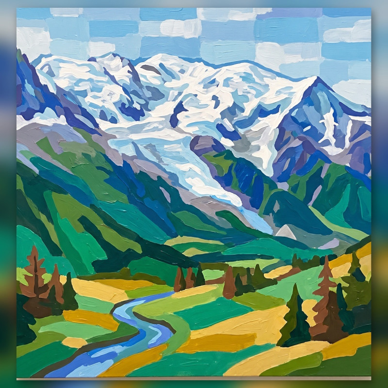 Snowy Summit Over Green Alpine Valley