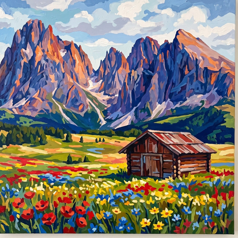 Jagged Dolomite Peaks Above A Wildflower Meadow Hut