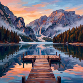 Holzsteg am Bergsee im Morgengrauen