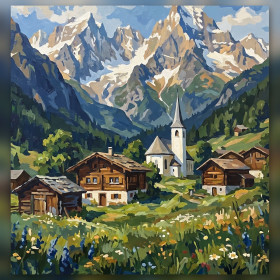 Alpine Village With White Church And Snowy Peaks