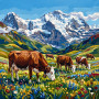 Brown Cows Grazing In Alpine Meadow