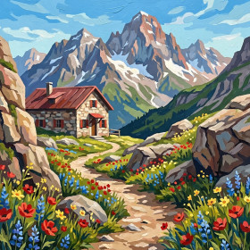 Rifugio in pietra tra fiori alpini e cime innevate