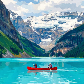 Red Canoe on a Turquoise Glacier Lake
