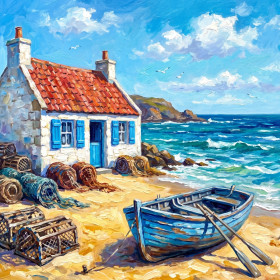 Weißes Fischerhaus mit blauem Boot am Strand