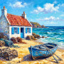 Weißes Fischerhaus mit blauem Boot am Strand