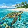 Zeeschildpad in turquoise lagune met palmen