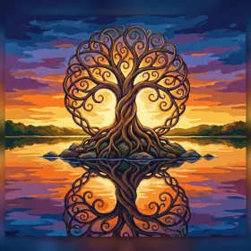 Albero della vita riflesso nel lago al tramonto