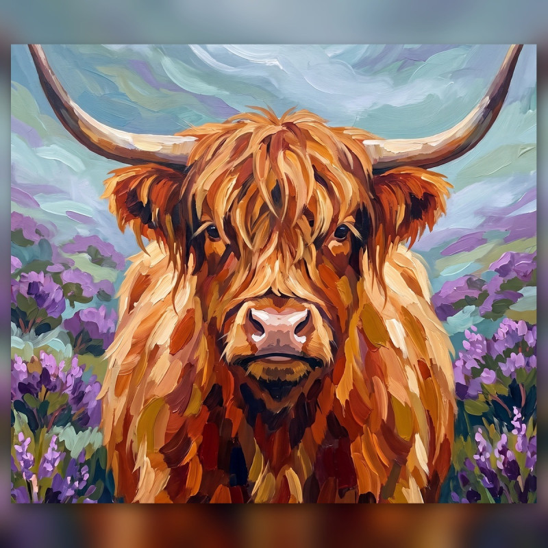 Portrait de vache Highland rousse dans la brume