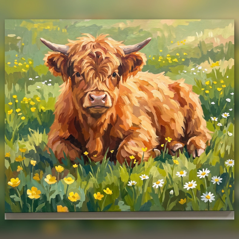Veau Highland roux dans un pré fleuri
