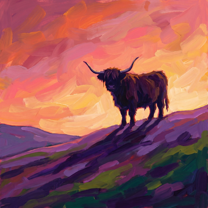 Highland Cow Silhouette At Sunset In The Glen