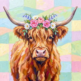 Highland Cow With Pink Rose Flower Crown