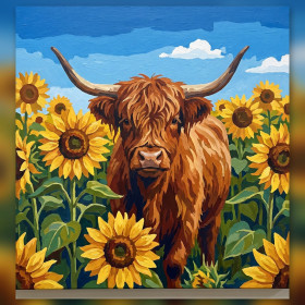 Mucca Highland tra Girasoli sotto Cielo Estivo