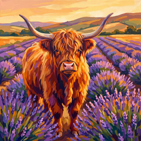 Hochlandrind im violetten Lavendelfeld bei Sonnenuntergang